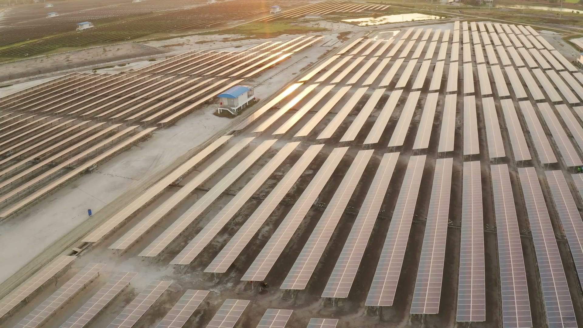 Aerial view of rows in a utility-scale solar installation